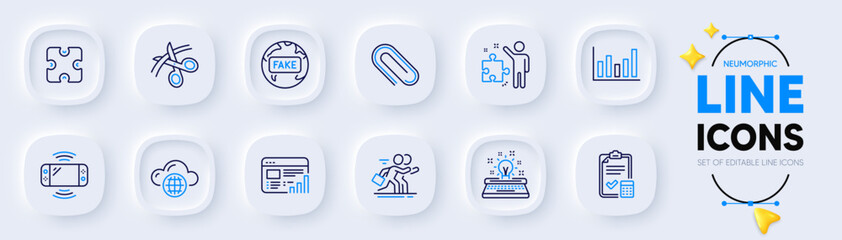 Puzzle, Cloud computing and Column chart line icons for web app. Pack of Fake news, Accounting checklist, Web report pictogram icons. Paper clip, Game console, Typewriter signs. Scissors. Vector