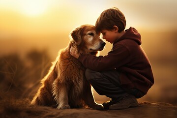 Little boy with his golden retriever dog in the field at sunset, showing friendship, loyal friend, together in sign of affection and love.