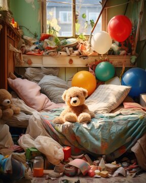 An endearing view of a child's room in delightful disarray, featuring an unmade bed, scattered clothes, and toys strewn around--a true representation of the vibrant world of a young imagination.