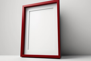 A red wooden frame holds a blank photo on a white wall. Generative AI