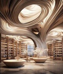the interior of a library with many bookshels on shelves and large white vases in the room is filled with lots of