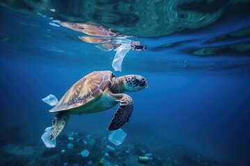 Obraz premium Sea turtle swimming in ocean invaded by plastic bottles