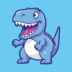 blue dinosaur with a big smile on its face, standing on its hind legs and holding its arms out to its sides. The dinosaur has sharp teeth and a long tail. The background is blue.