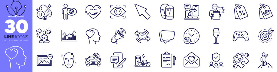 Face biometrics, Friend and Sale tag line icons pack. Discount tags, Love letter, Electric bike web icon. Loan percent, Megaphone, Gamepad pictogram. Remove image, Vitamin u, Food delivery. Vector