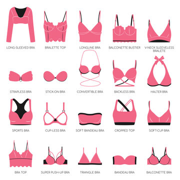 Types of bras. Big vector set of pink lingerie.