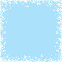 Blue Christmas background with  square frame of white snowflakes. Merry Christmas and Happy New Year greeting banner. Horizontal new year background, headers, posters, cards, website. Vector 