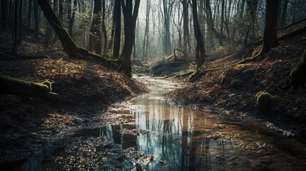 Spring background Stream of water in the forest.
