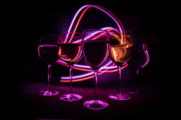 Wine glass on dark bar background low light. Colorful wine glasses with light on backside