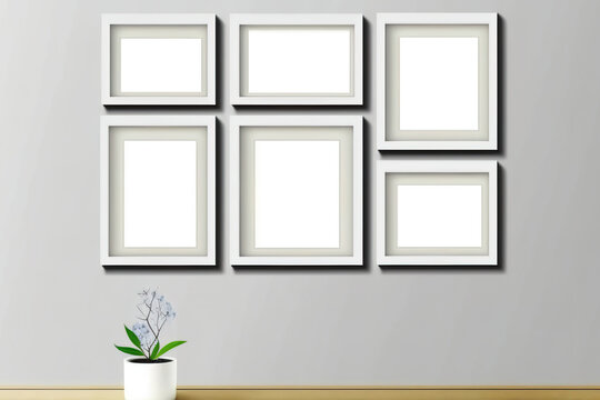 Six-picture collage photo frame mockup on white background. Decor, illustration, or gallery. Generative AI