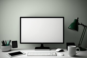 Photograph of a computer with a white blank screen and a laptop with a white blank screen placed side by side on a table with a lamp, coffee cup, mouse, pencil holder, and other personal items