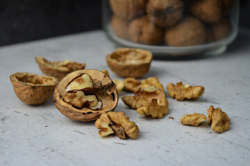 there is a split walnut on the table