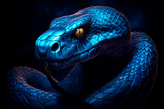 A neon snake on a black background. Generative AI