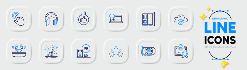 Wifi, Certificate and Stars line icons for web app. Pack of Gpu, Like hand, Fireworks pictogram icons. Petrol station, Cursor, Open door signs. Headphones, Online documentation. Vector