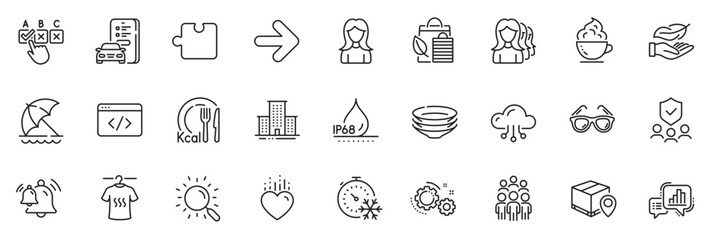 Fototapeta na wymiar Icons pack as Group people, Heart and Security agency line icons for app include Cloud computing, Correct checkbox, Freezing timer outline thin icon web set. Parcel tracking, Bell. Vector