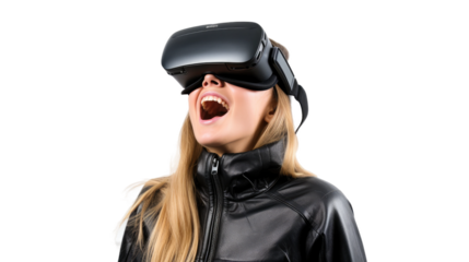 a 20-something caucasian woman using a vr virtual reality headset isolated on a transparent background, generative ai