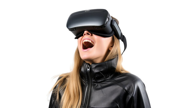 a 20-something caucasian woman using a vr virtual reality headset isolated on a transparent background, generative ai