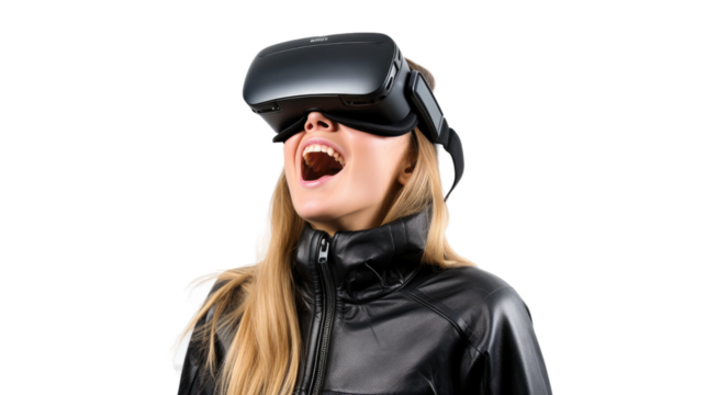 a 20-something caucasian woman using a vr virtual reality headset isolated on a transparent background, generative ai