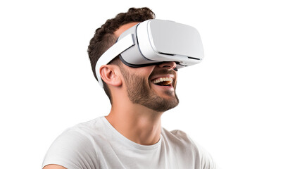 a 30-something caucasian man using a vr virtual reality headset isolated on a transparent background, generative ai