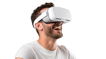 a 30-something caucasian man using a vr virtual reality headset isolated on a transparent background, generative ai
