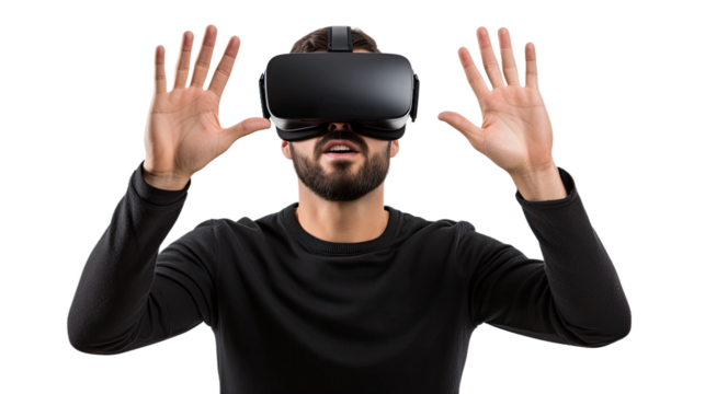 a 30-something caucasian man using a vr virtual reality headset isolated on a transparent background, generative ai - Powered by Adobe