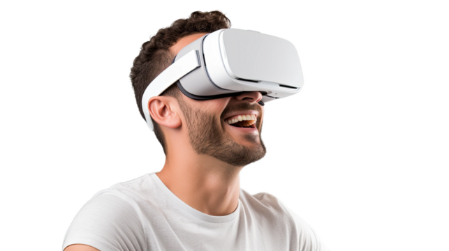 a 30-something caucasian man using a vr virtual reality headset isolated on a transparent background, generative ai - Powered by Adobe