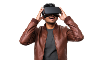 a 30-something indian man using a vr virtual reality headset isolated on a transparent background, generative ai