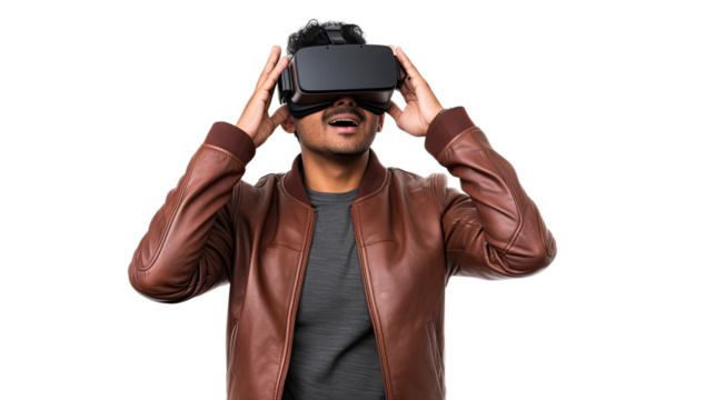 a 30-something indian man using a vr virtual reality headset isolated on a transparent background, generative ai