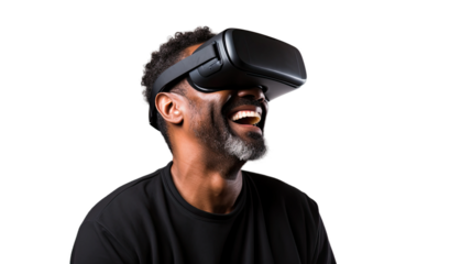 a 40-something african american man using a vr virtual reality headset isolated on a transparent background, generative ai