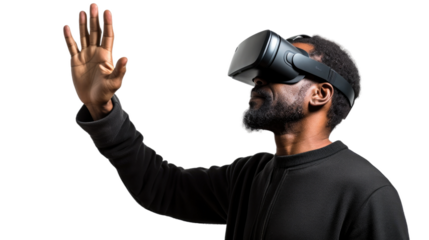 a 40-something african american man using a vr virtual reality headset isolated on a transparent background, generative ai