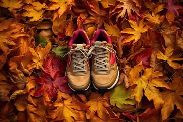 a pair of running shoes on autumn leaves in the park stock photo - premium royalty free high resolution images