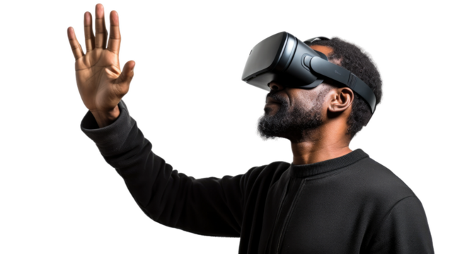 a 40-something african american man using a vr virtual reality headset isolated on a transparent background, generative ai