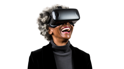 a middle aged african american woman using a vr virtual reality headset isolated on a transparent background, generative ai