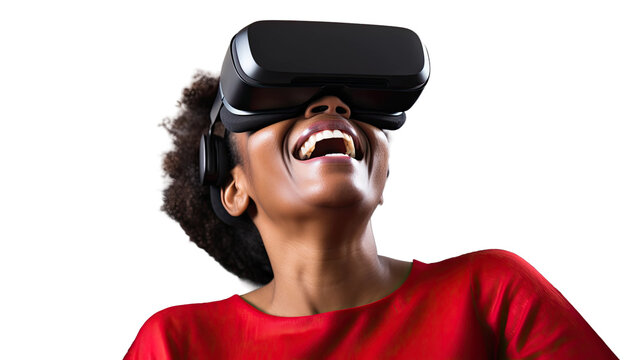 a middle aged african american woman using a vr virtual reality headset isolated on a transparent background, generative ai