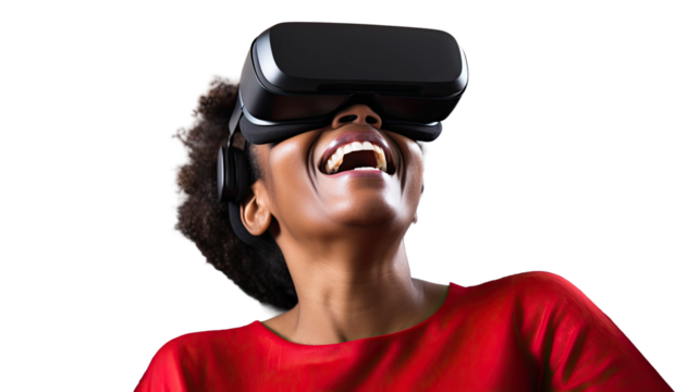 a middle aged african american woman using a vr virtual reality headset isolated on a transparent background, generative ai