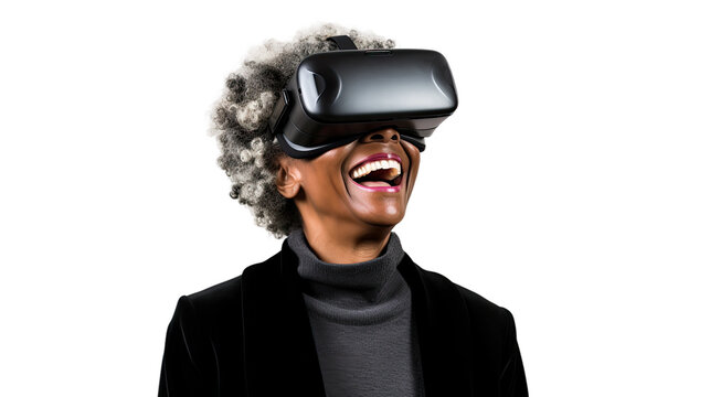a middle aged african american woman using a vr virtual reality headset isolated on a transparent background, generative ai - Powered by Adobe