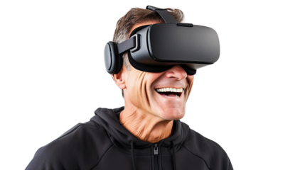 a middle aged caucasian man using a vr virtual reality headset isolated on a transparent background, generative ai