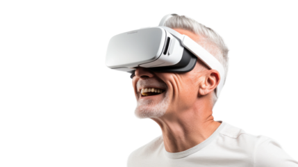 a middle aged caucasian man using a vr virtual reality headset isolated on a transparent background, generative ai