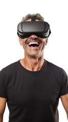 a middle aged caucasian man using a vr virtual reality headset isolated on a transparent background, generative ai