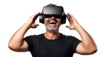 a middle aged caucasian man using a vr virtual reality headset isolated on a transparent background, generative ai