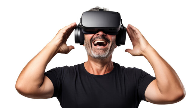 a middle aged caucasian man using a vr virtual reality headset isolated on a transparent background, generative ai