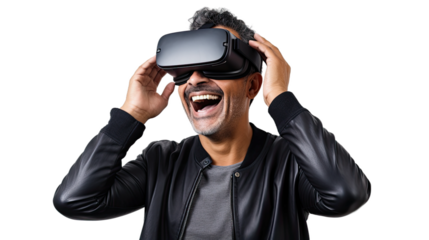 a middle aged hispanic man using a vr virtual reality headset isolated on a transparent background, generative ai