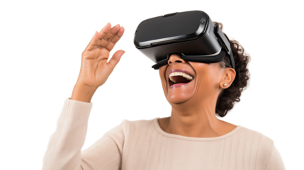 a middle aged hispanic woman using a vr virtual reality headset isolated on a transparent background, generative ai