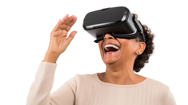 a middle aged hispanic woman using a vr virtual reality headset isolated on a transparent background, generative ai