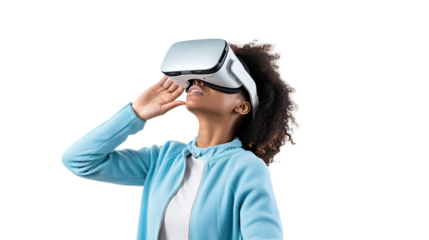a teenage african american girl using a vr virtual reality headset isolated on a transparent background, generative ai