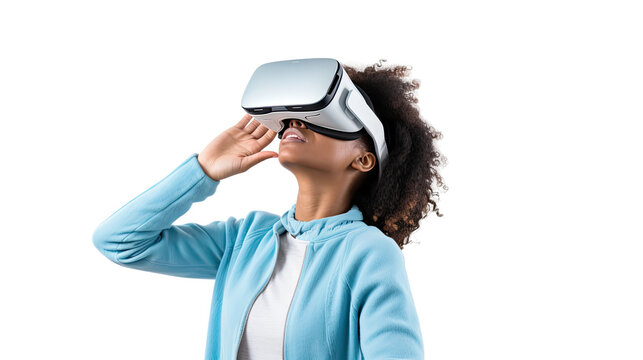 a teenage african american girl using a vr virtual reality headset isolated on a transparent background, generative ai