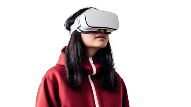 a teenage asian girl using a vr virtual reality headset isolated on a transparent background, generative ai