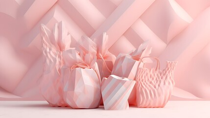 Blank pink paper gift bag mock up standing on a background. Empty plastic package mockup.