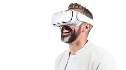 a young caucasian boy using a vr virtual reality headset isolated on a transparent background, generative ai