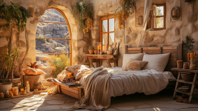 Fototapeta wnętrze sypialni w stylu boho