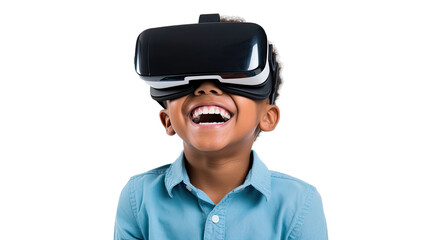 a young hispanic boy using a vr virtual reality headset isolated on a transparent background, generative ai